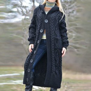 European and American women's autumn and winter new sweater coat loose knit button cardigan pocket twist mid-length female