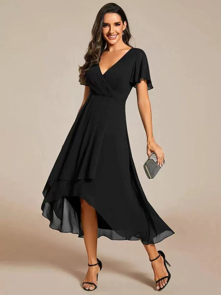 2025 Hot Selling New European and American Cross-border Summer Solid Color V-neck Ruffle Sleeve Chiffon Elegant Party Dress - Image 21