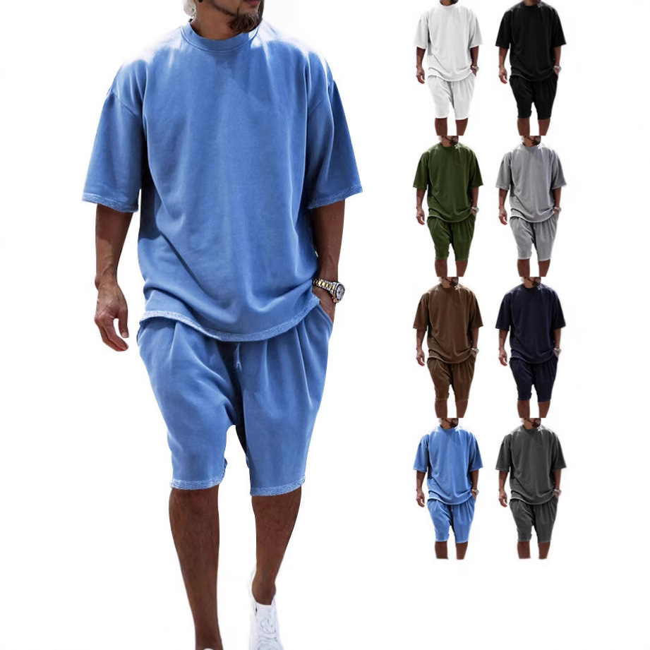 2025 Export Hot Selling Summer Solid Color Sports Suit Casual Loose Short-Sleeve Shorts European and American Trendy Fashion Men's Clothing - Image 2