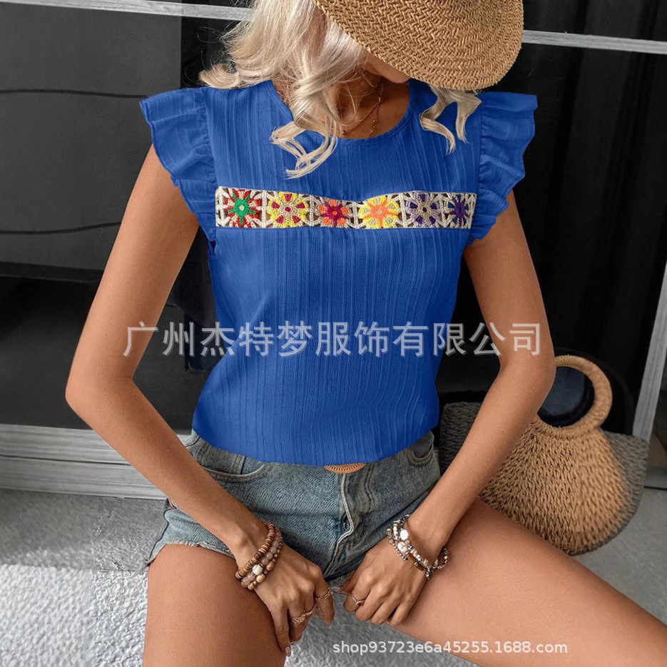 2025 European and American cross-border women's clothing Amazon independent website spring/summer new crochet hollowed-out lace short-sleeved shirt top - Image 3