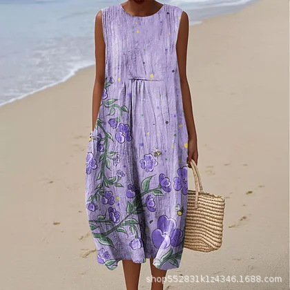 2025 European and American spring and summer new sleeveless casual printed temperament long dress slim small fresh casual dress - Image 34
