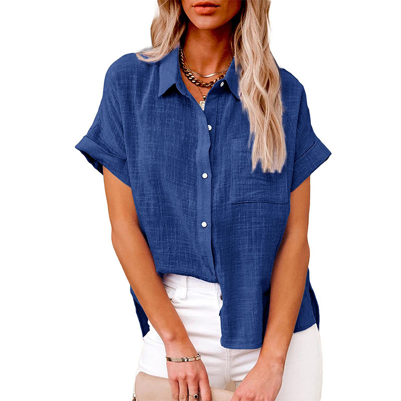 Amazon wish2022 summer new European and American cross-border women's solid color linen shirt short-sleeved casual loose shirt - Image 8