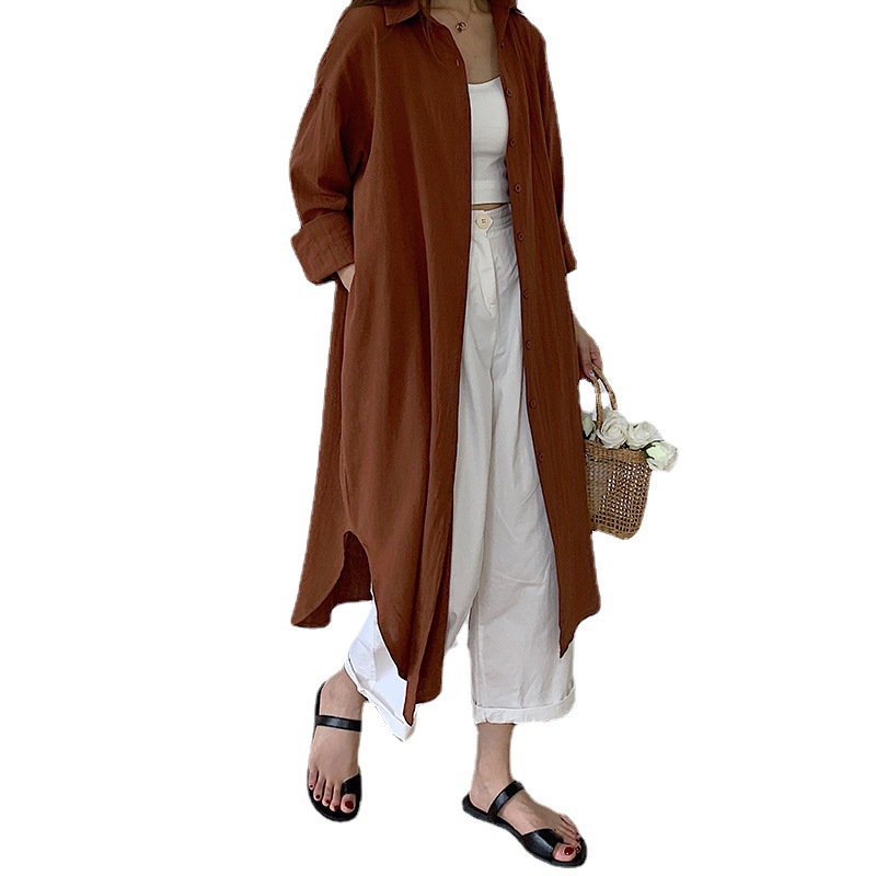 2025 Korean chic, relaxed style, simple basic comfortable long over-the-knee shirt, trench coat, jacket, shirt. - Image 5