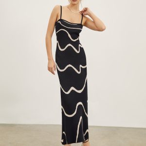 AliExpress summer new European and American style temperament suspender long skirt slim striped knitted sexy hip dress
