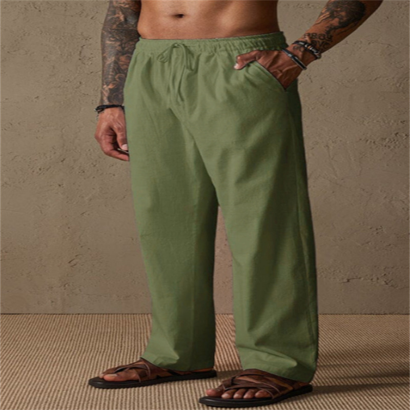Cross-border European and American style men's linen drawstring solid color breathable outdoor loose casual straight leg cotton linen trousers - Image 14