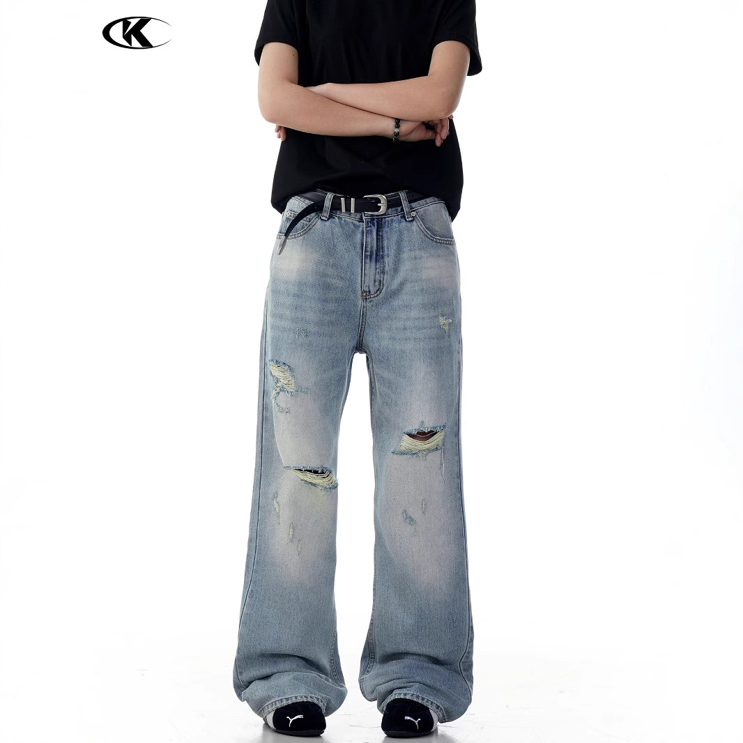 11KN American washed blue ripped flared jeans for men and women bootcut slim loose personality casual trousers - Image 2