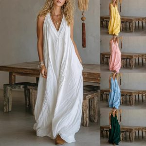 Sleeveless Cotton-Linen Maxi Dress with Pockets