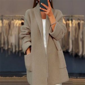 2024 Autumn/Winter New Women's Thick Solid Color V-Neck Knitted Cardigan Loose Pocket Sweater Coat