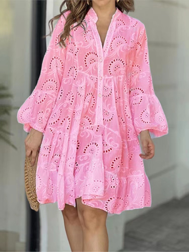 Spot 2023 European and American cross-border spring and summer Amazon solid color V-neck loose embroidery hollow lace dress - Image 11