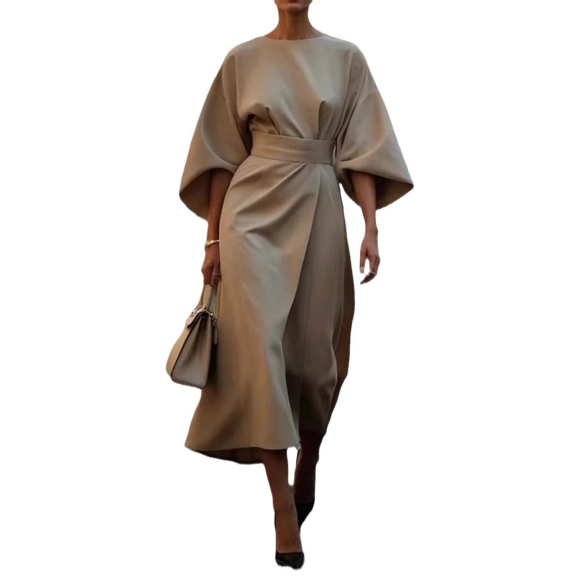 2025 Foreign Trade Women's Clothing, European and American Cross-border Fashion, Elegant Solid Color Waist-cinching Dress, Casual Batwing Sleeve Long Skirt - Image 5