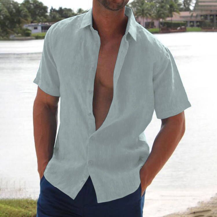 2022 Amazon ebay AliExpress Summer lapel solid color short-sleeved men's linen shirt men's clothing - Image 7