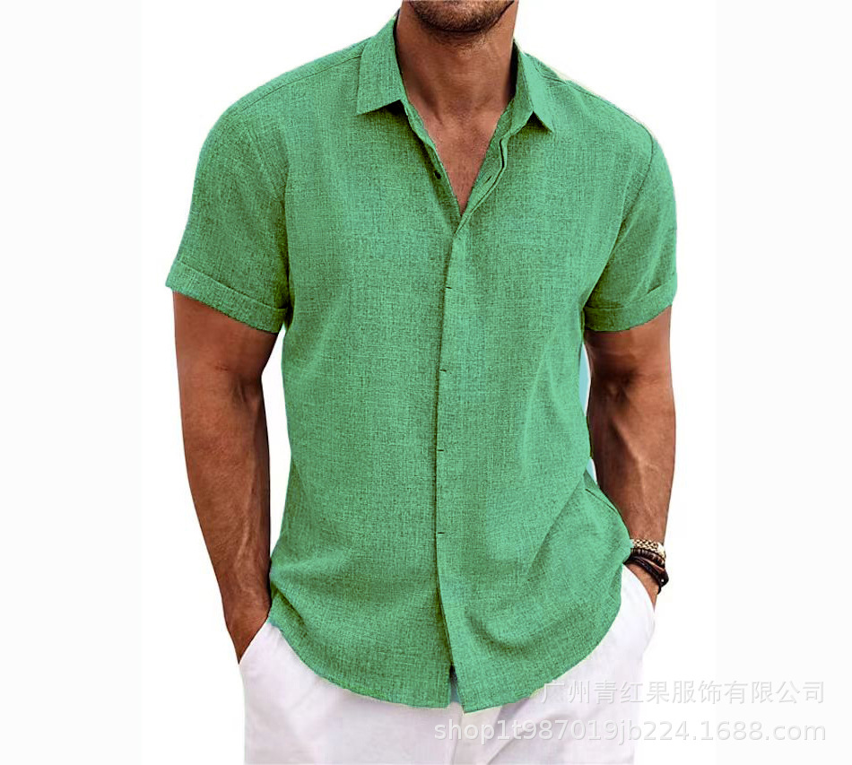 Men's linen short-sleeved T-shirt loose sweatshirt solid color short-sleeved cotton and linen shirt men's beach large size men's short-sleeved shirt - Image 16