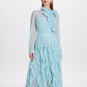 Long-Sleeve Dress with Bow Tie and Ruffled Hem