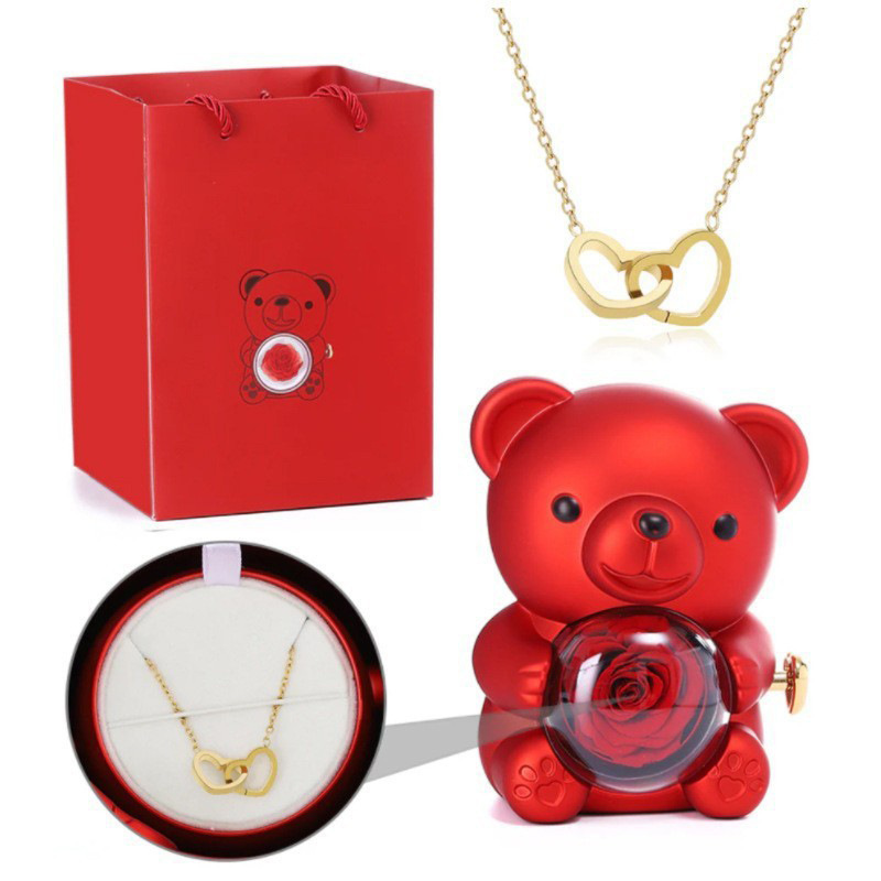 Engraved double heart rotating bear rose jewelry box, cuddly bear preserved flower gift box, rose necklace gift box