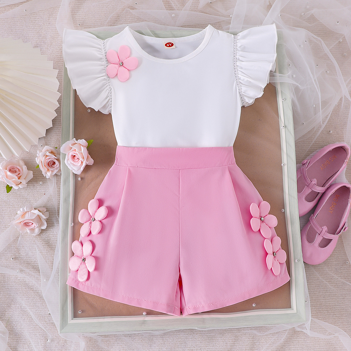 INS cross-border European and American summer hot-selling cute girl suits for small and medium-sized children with flower flying sleeves and shorts pink shorts