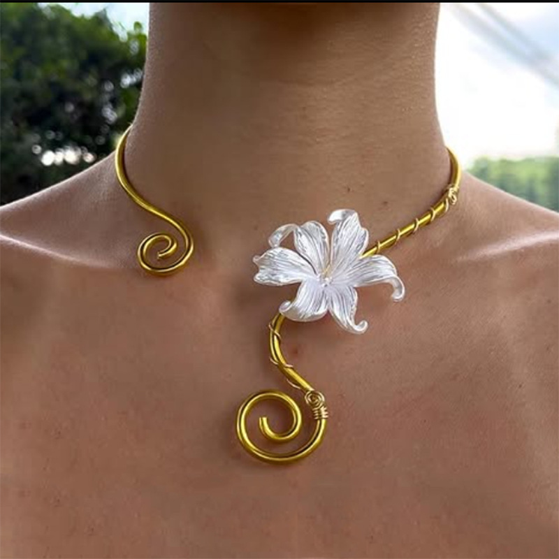 New European and American style iridescent iris flower jewelry choker with spiral adjustable cord, available on Amazon.
