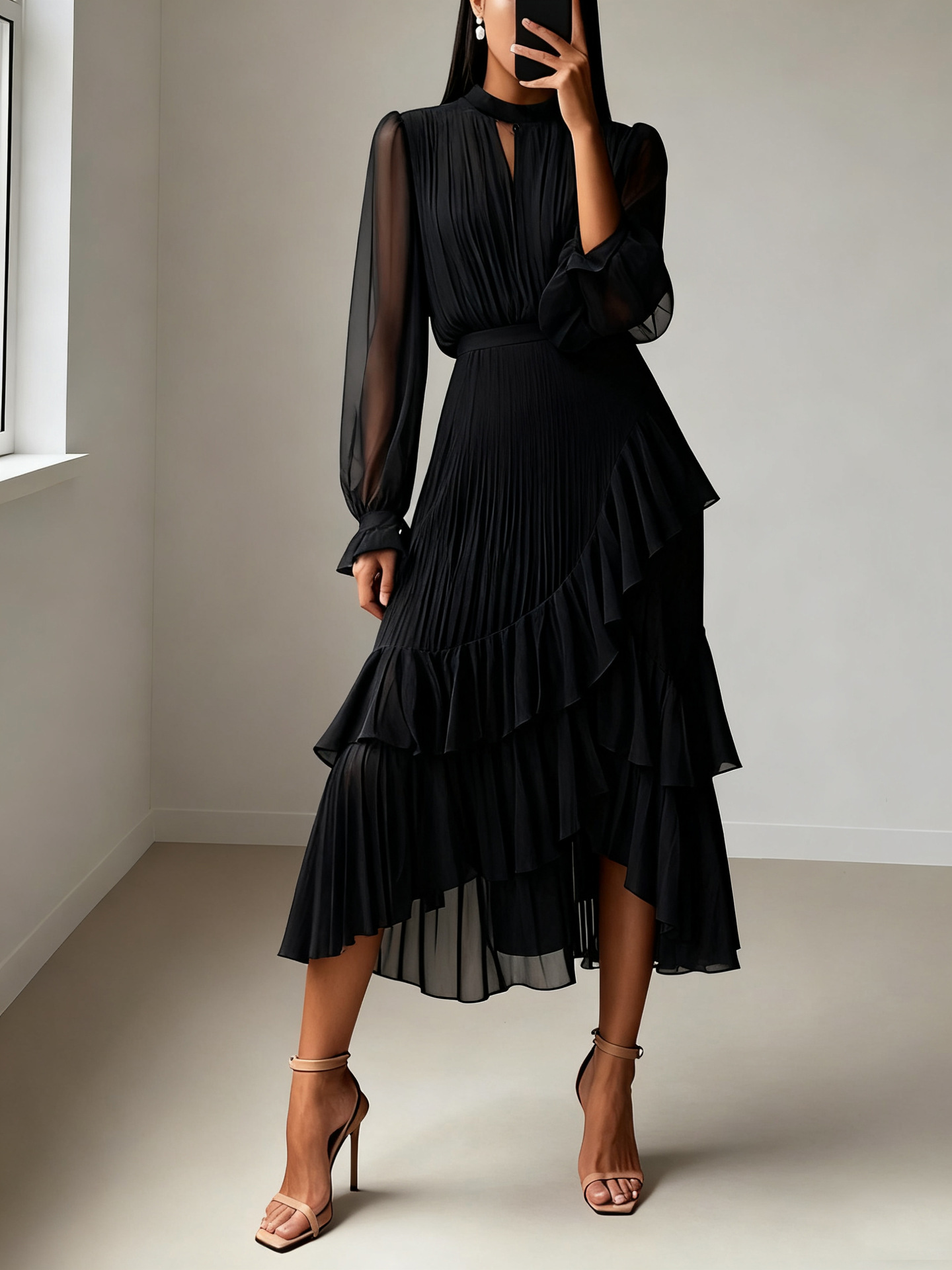 2025 European and American cross-border new solid color dress, Middle Eastern foreign trade ruffled pleated dress, midi skirt, Amazon. - Image 9