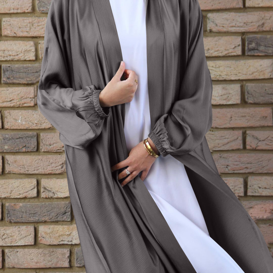 Spot cross-border European and American Muslim women's bubble satin cardigan robe Middle East Dubai long-sleeved dress Muslim - Image 12