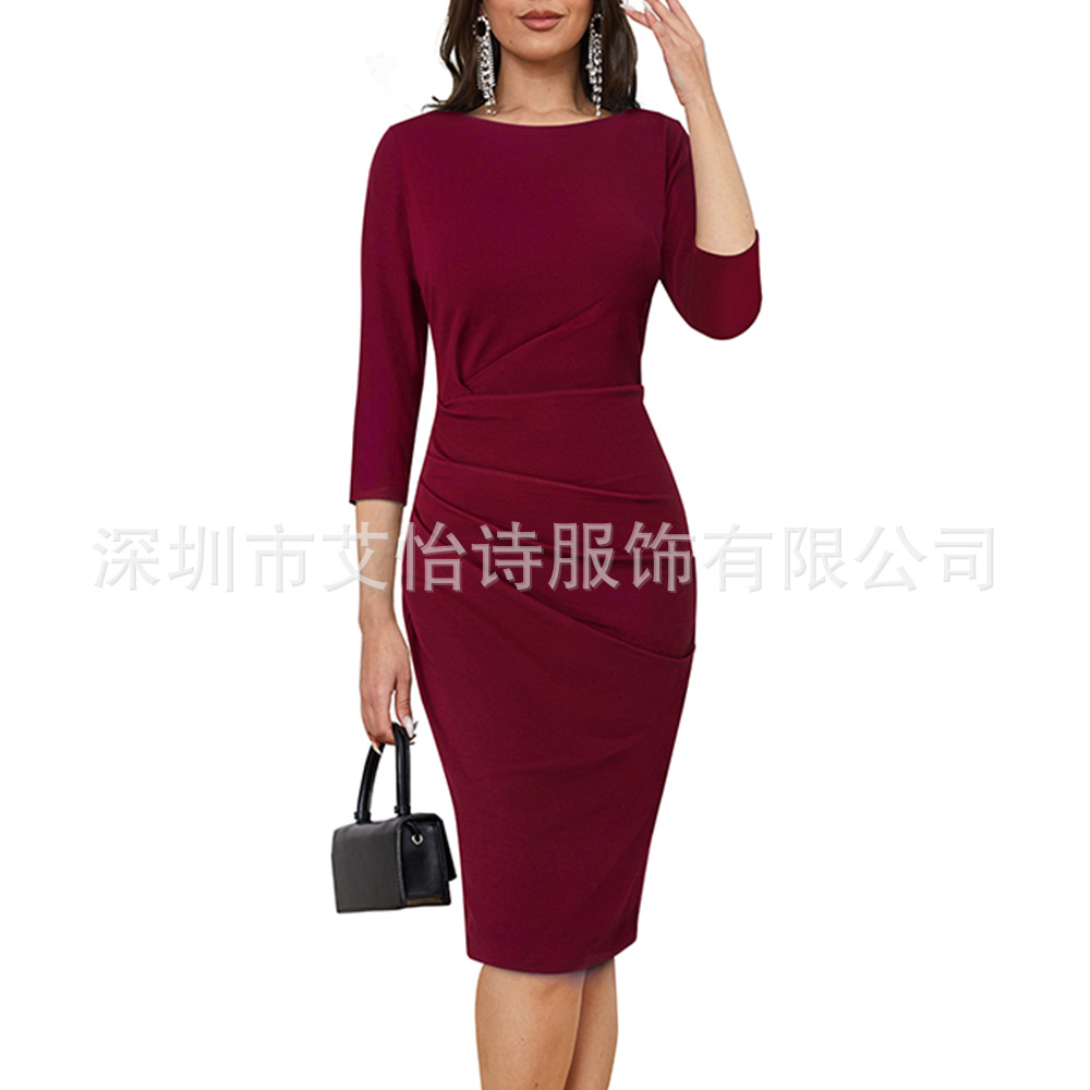 Amazon 2023 cross-border European and American autumn and winter new elegant women's pleated mid-waist round neck wrap hip professional dress - Image 7