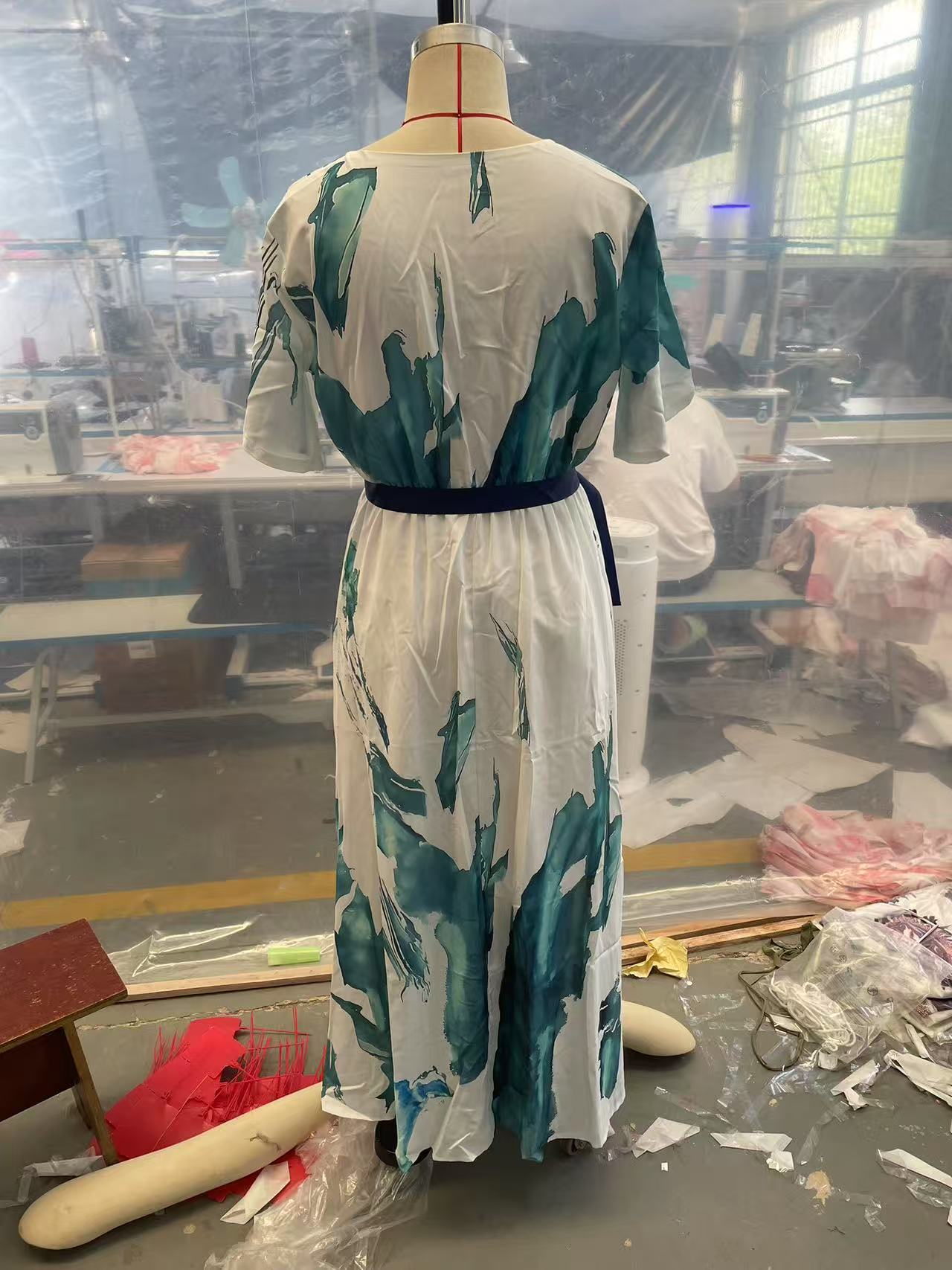 2025 European and American Women's Clothing Amazon Independent Website V-neck Digital Print Thin Rope Short Sleeve Dress Long Skirt - Image 4