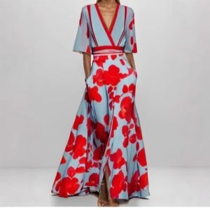 2025 European and American foreign trade Amazon fashion elegant temperament V-neck women's printed tie-waist full skirt dress