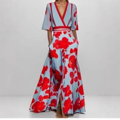 2025 European and American foreign trade Amazon fashion elegant temperament V-neck women's printed tie-waist full skirt dress