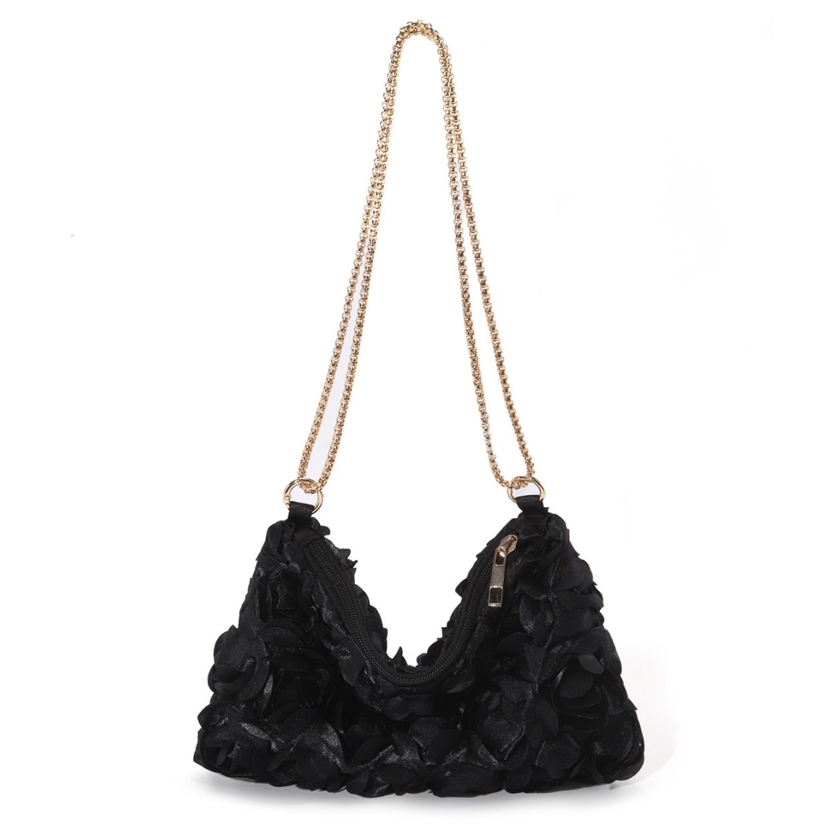 Spot European and American cross-border niche three-dimensional rose flower sequin satin chain zipper underarm crescent female evening bag - Image 5