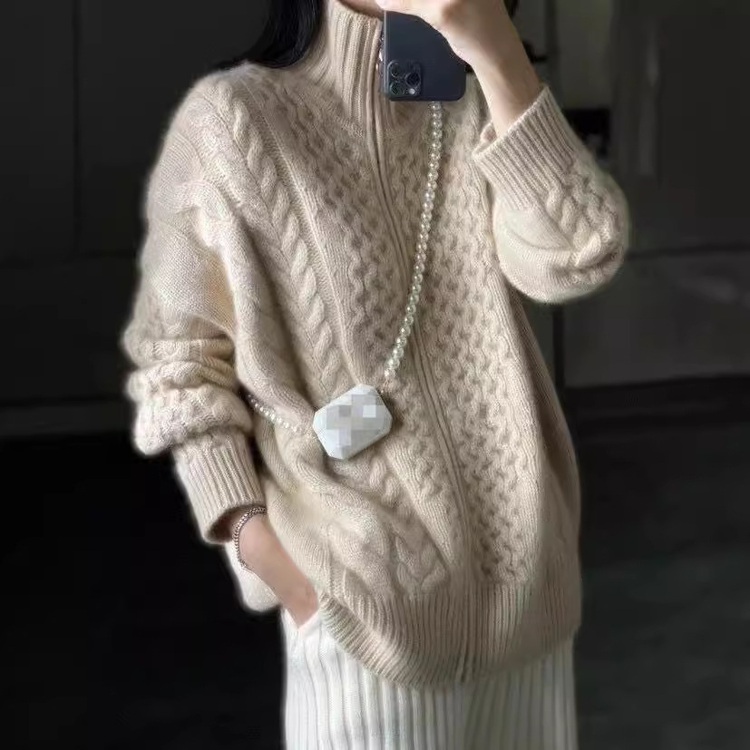 Factory direct wholesale heavyweight 100% wool cardigan, high neck, twisted knit, zipper, warm knitted wool cardigan for women, in stock. - Image 2