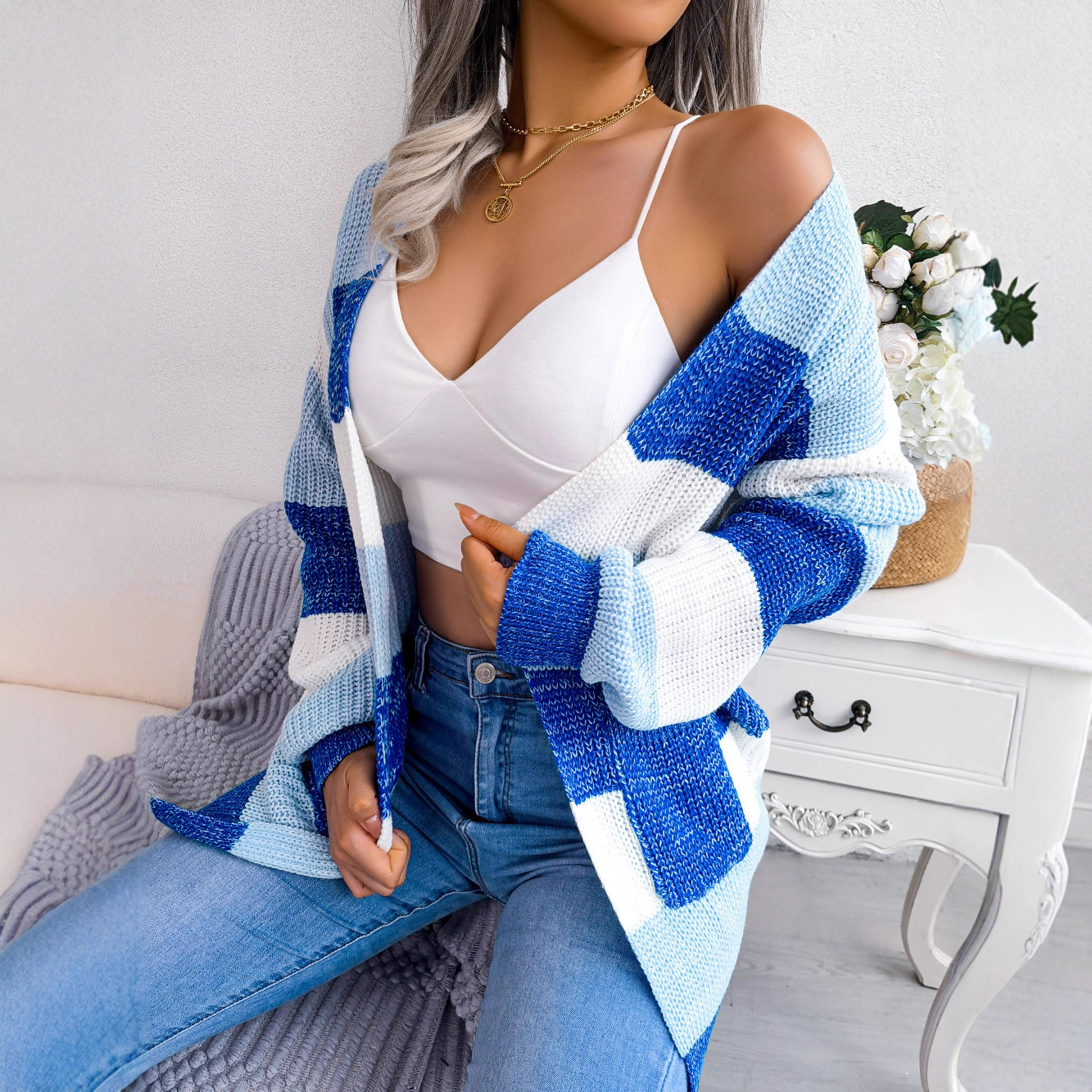Real photos of European and American style autumn/winter color-blocked striped lantern sleeve casual cardigan sweater coat - Amazon cross-border women's clothing - Image 2