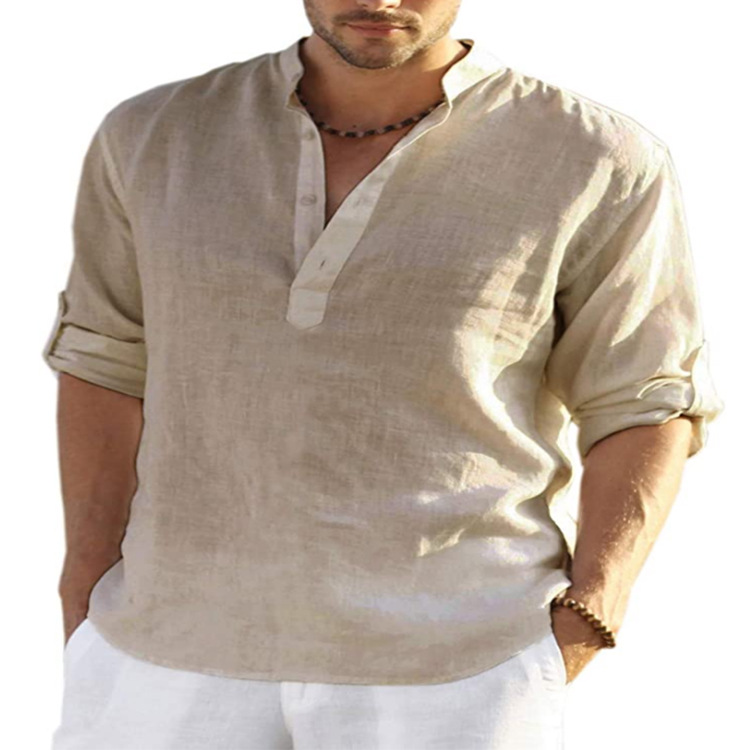 2022 foreign trade men's linen long-sleeved T-shirt loose undershirt solid color long-sleeved cotton and linen shirt men's large size dropshipping - Image 2