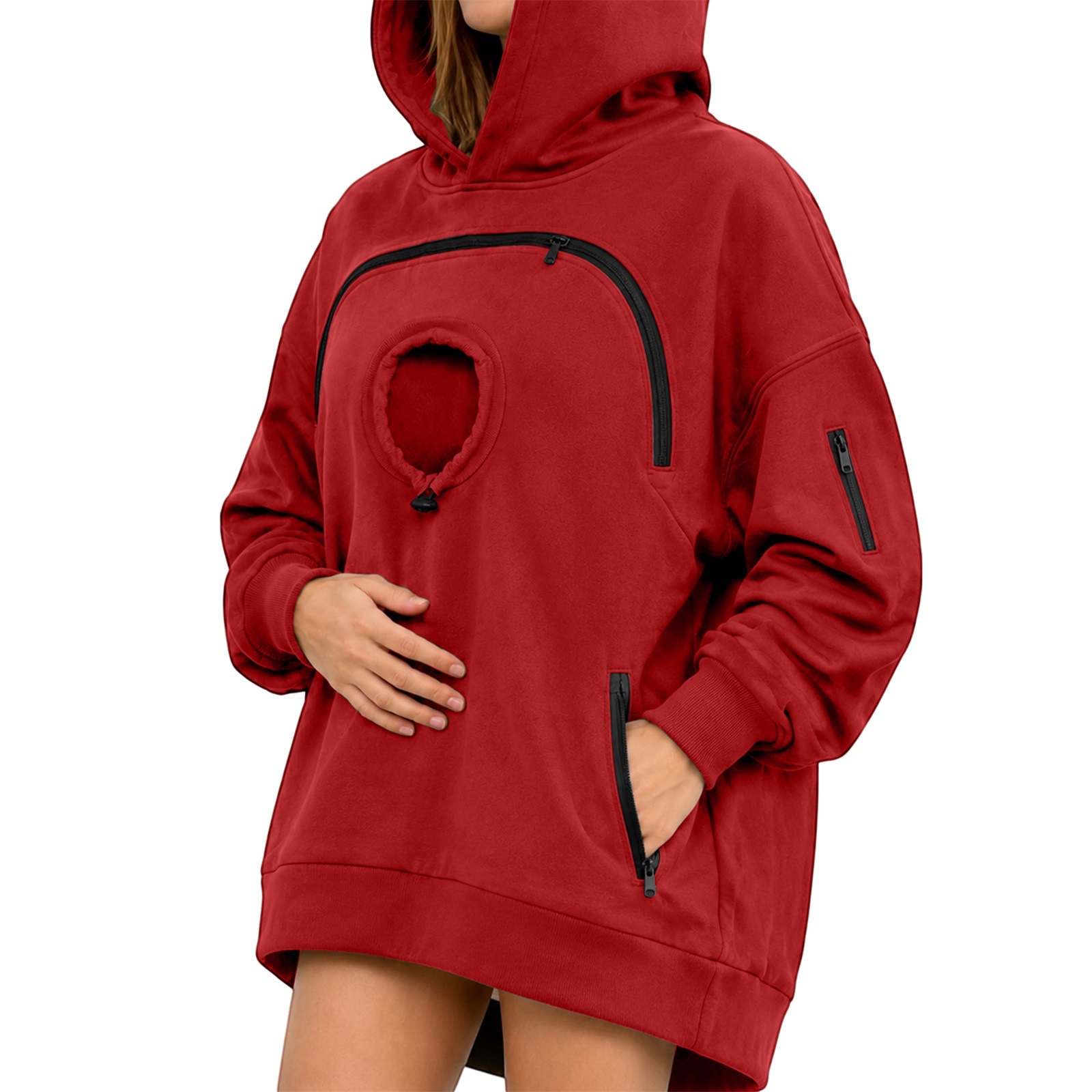 Cross-border women's hooded sweatshirt with pet cat pocket, casual style, long-sleeved hooded fleece-lined top with zipper. - Image 3