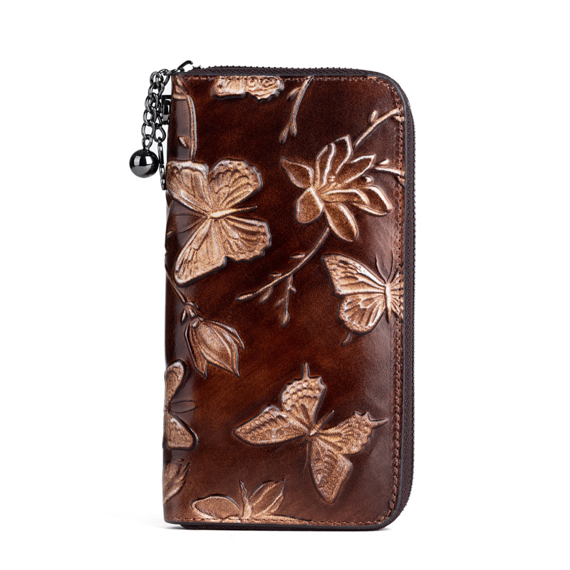 2025 new top layer cowhide handbag women's Chinese style embossed rubbed color long wallet fashion retro clutch bag - Image 8