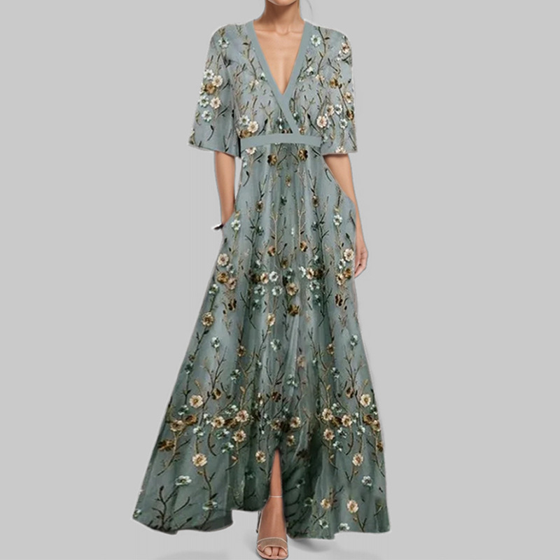 European and American style 2025 new women's fashion, elegant V-neck short-sleeved printed waist-cinching long dress - Image 4