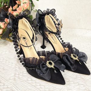 Lolita lace elegant all-match cla high heels black flower wedding ceremony Lolita pointed toe sandals
