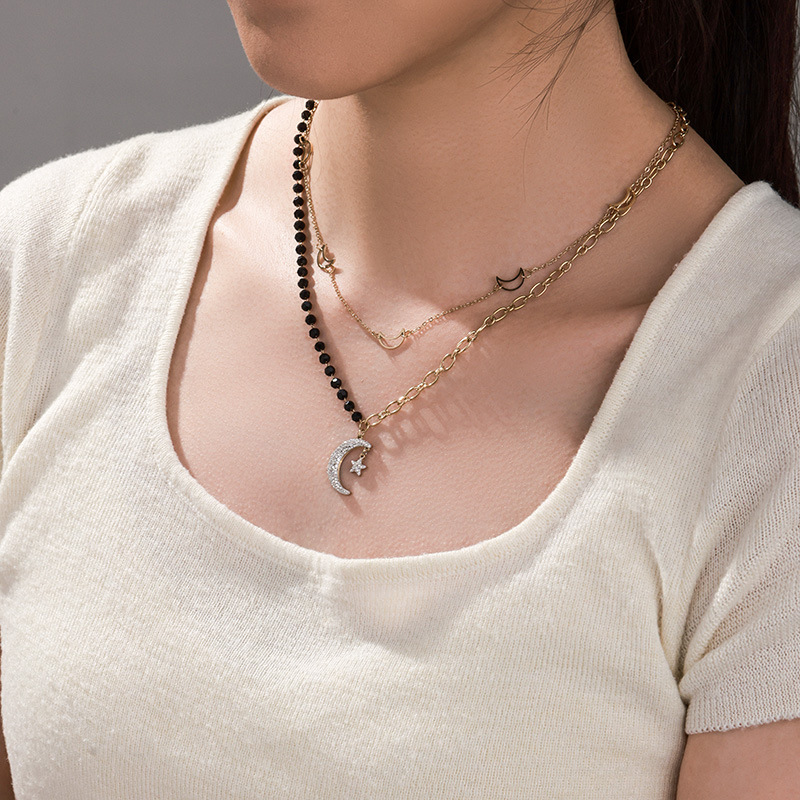 Xuping New Fashionable 14k Plated Black Beaded Star and Moon Double-Layer Necklace, Clavicle Chain - Image 2