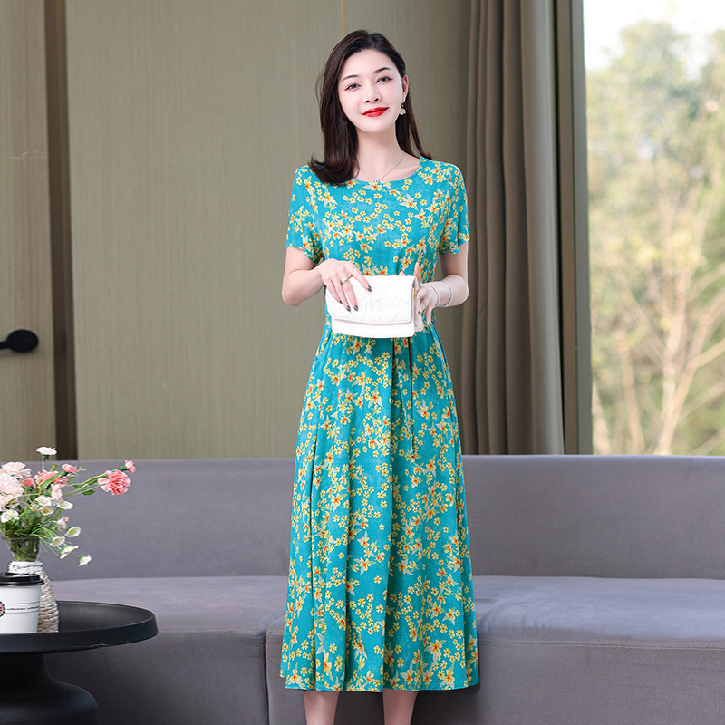 Artificial cotton silk dress women's clothing 2023 summer new middle-aged mother mid-length over-the-knee plus-size loose skirt - Image 10