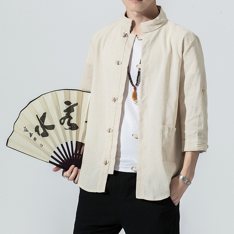 2022 summer new men's Chinese style solid color cotton linen stand collar 7 points sleeve shirt button retro casual shirt
