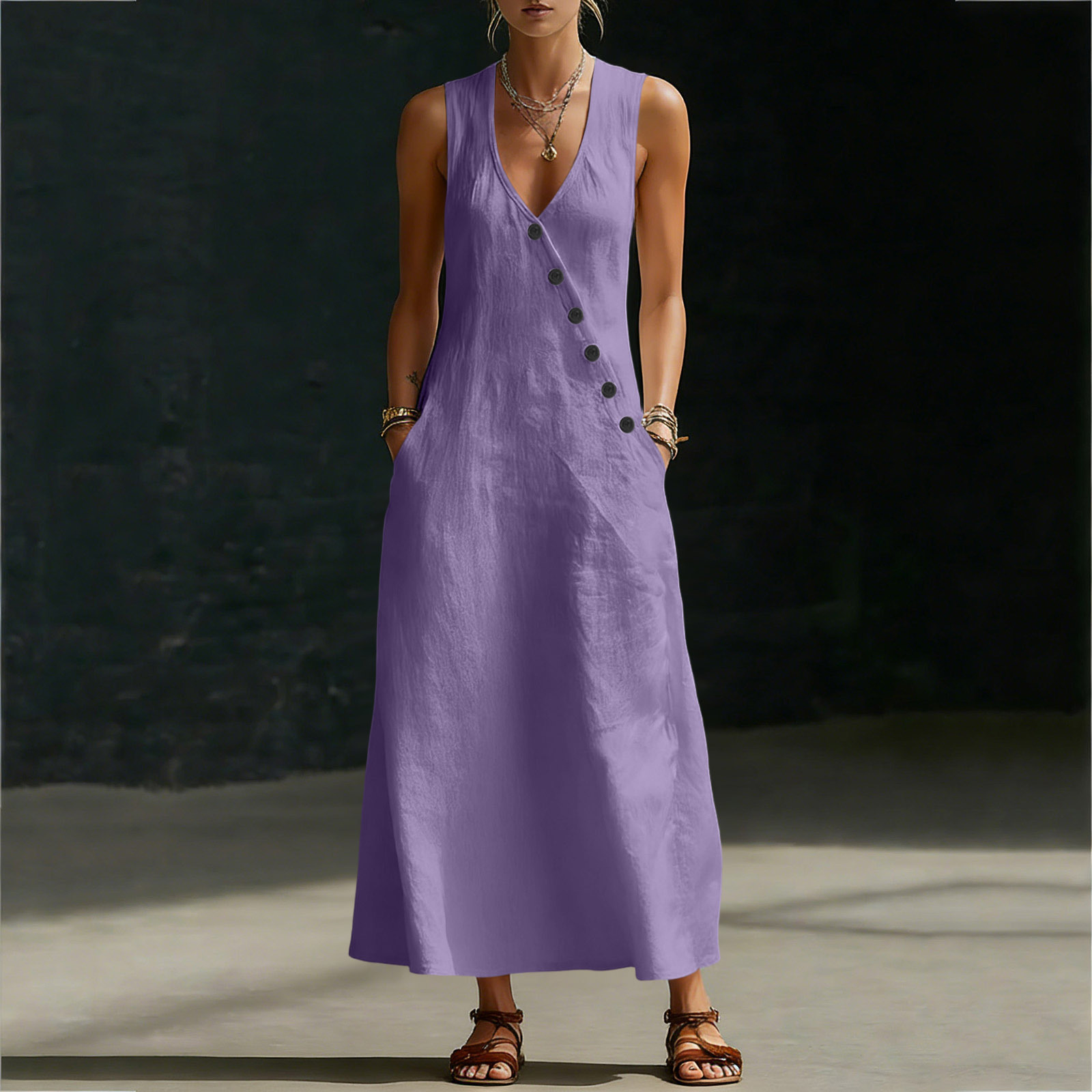 In stock Amazon summer cross-border V-neck sleeveless diagonal button vest dress long women's vacation casual dress - Image 9