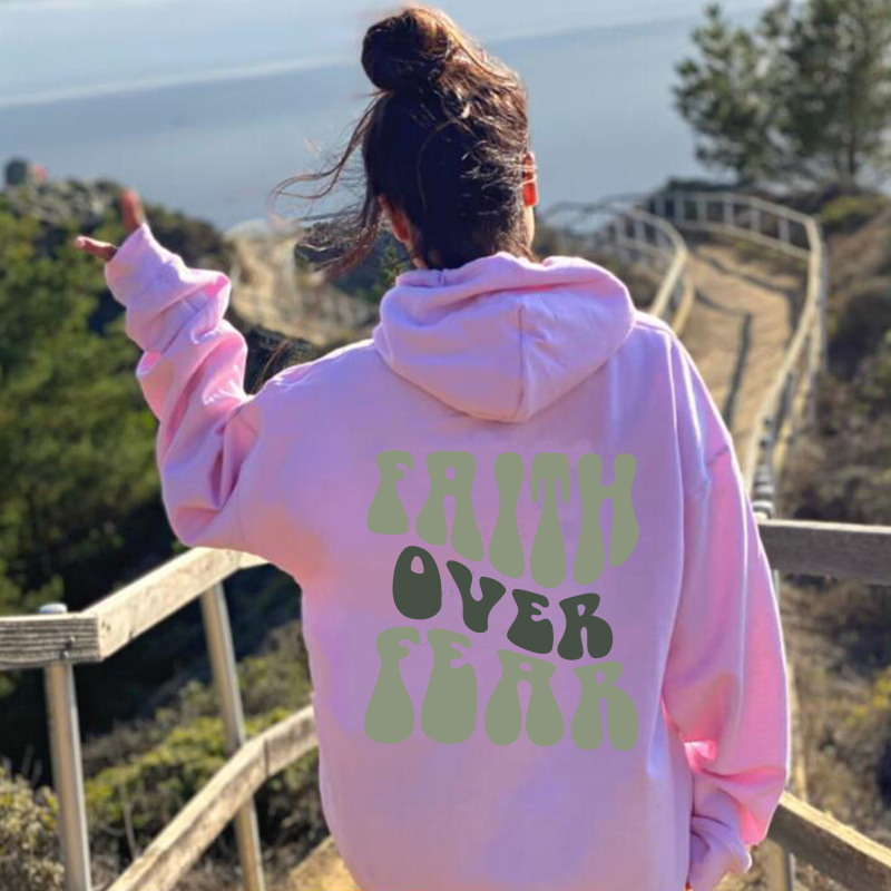 Foreign trade women's velvet sweatshirt plain letter print kangaroo pocket drawstring print hoodie - Image 4