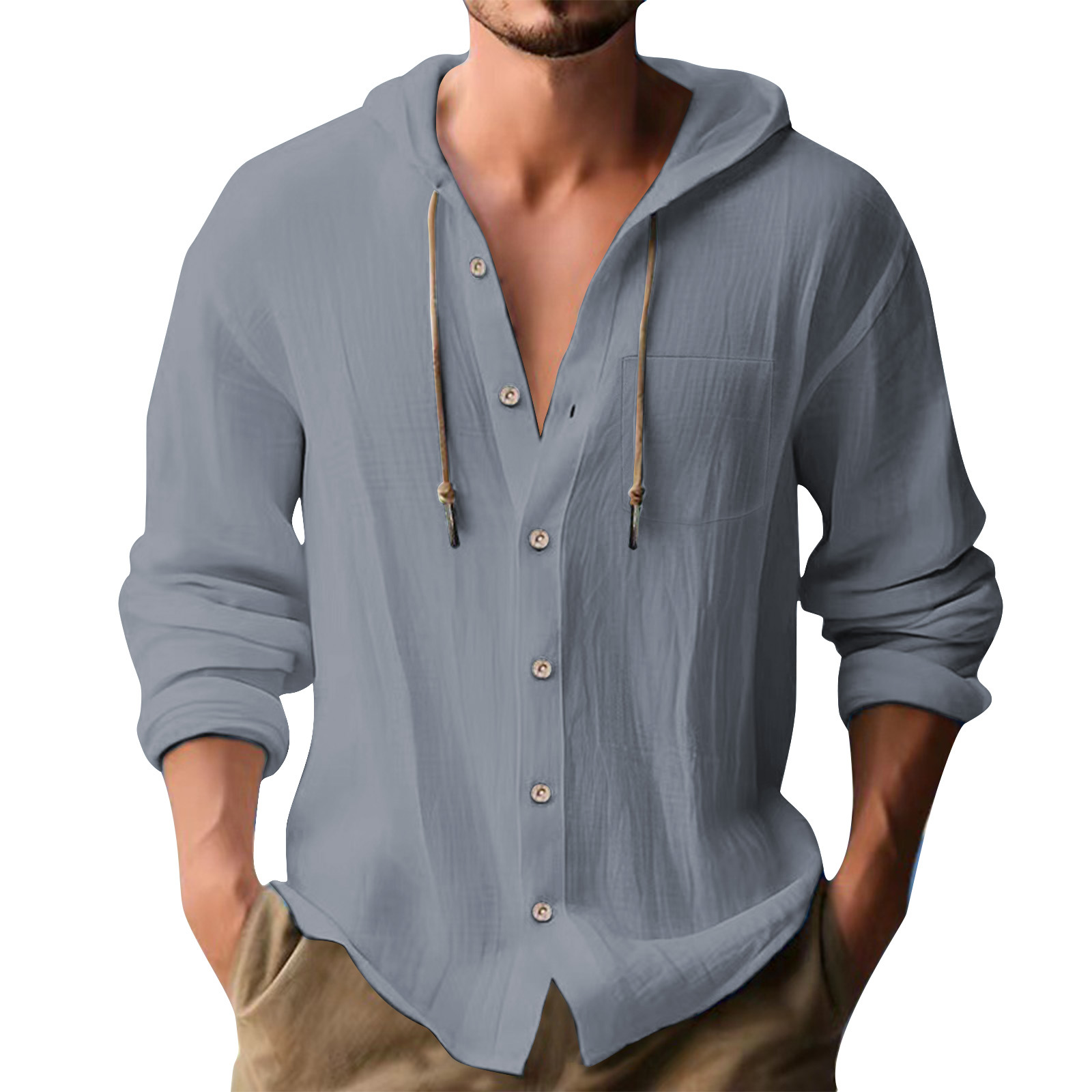 Cross-border European and American 2025 New Hot Selling Sports Trendy Hooded T-shirt Solid Color Cotton Linen Casual Long Sleeve Men's Shirt - Image 2