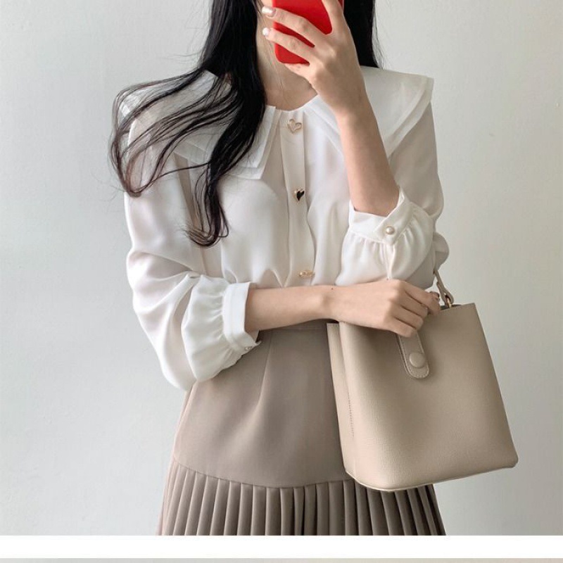 Chiffon shirt suit female spring and autumn temperament two-piece design double-layer doll collar top half-length pleated skirt - Image 6
