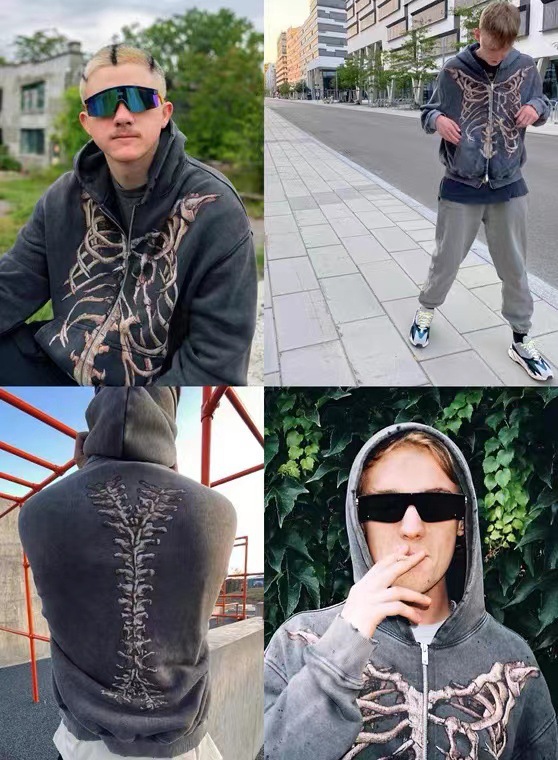 2022 European and American High Street Hip Hop Retro Skeleton Destroyed Printed Cardigan Jacket Couple Style Plus Velvet Loose Hoodie - Image 7