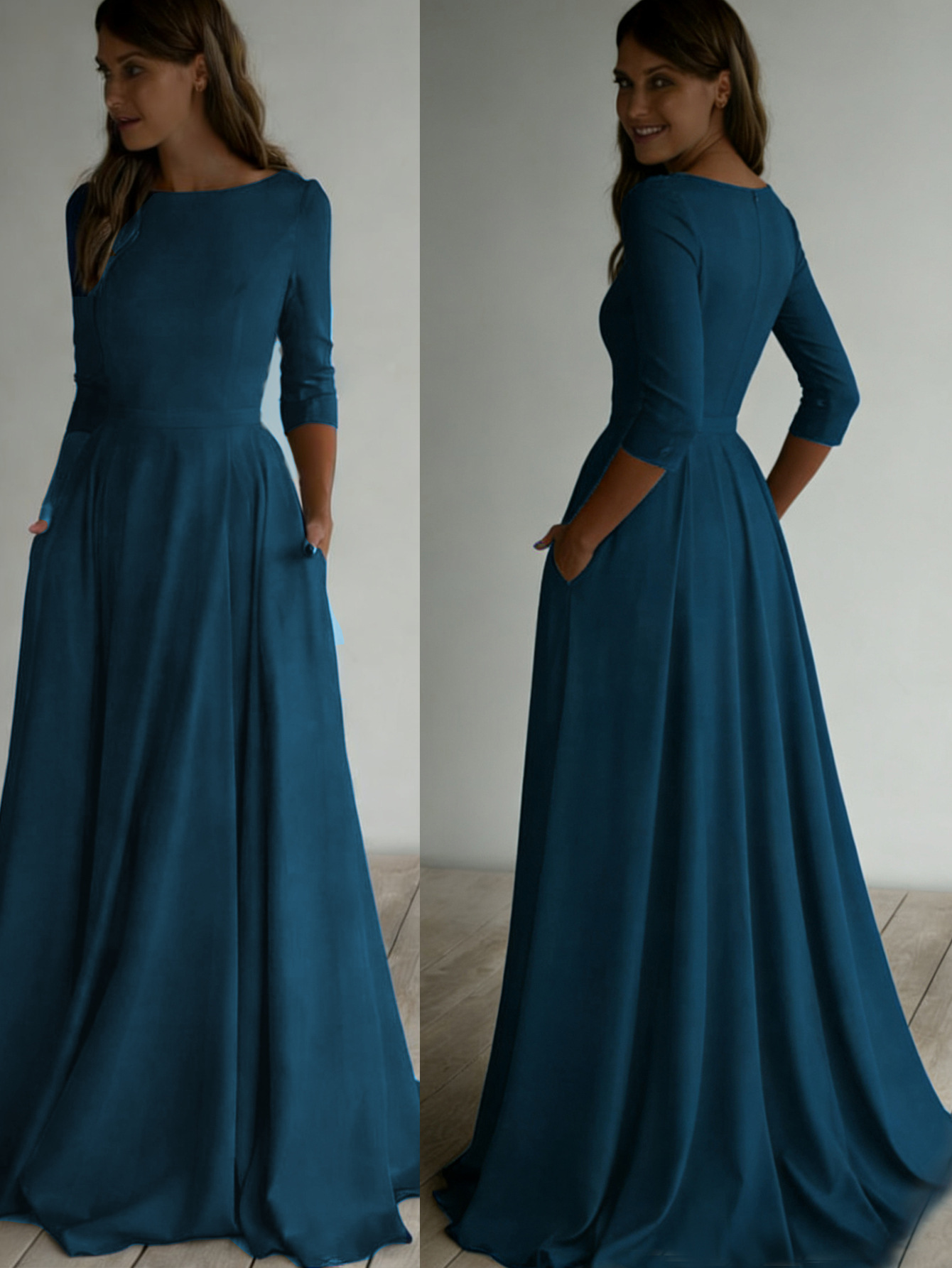 2025 New Simple Long-Sleeved Bridal Travel Photography Long Light Wedding Dress White Round Neck Long Dress Popular Multi-Color Dress - Image 9