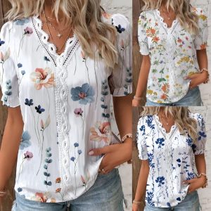 Women's V-Neck Lace-Trimmed Printed Shirt