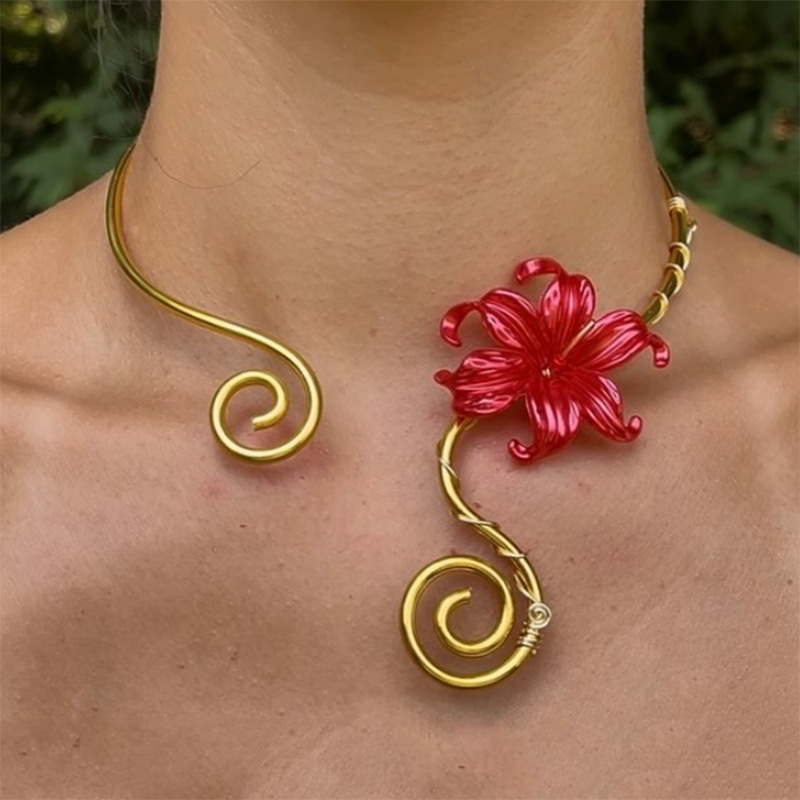 New European and American style iridescent iris flower jewelry choker with spiral adjustable cord, available on Amazon. - Image 5