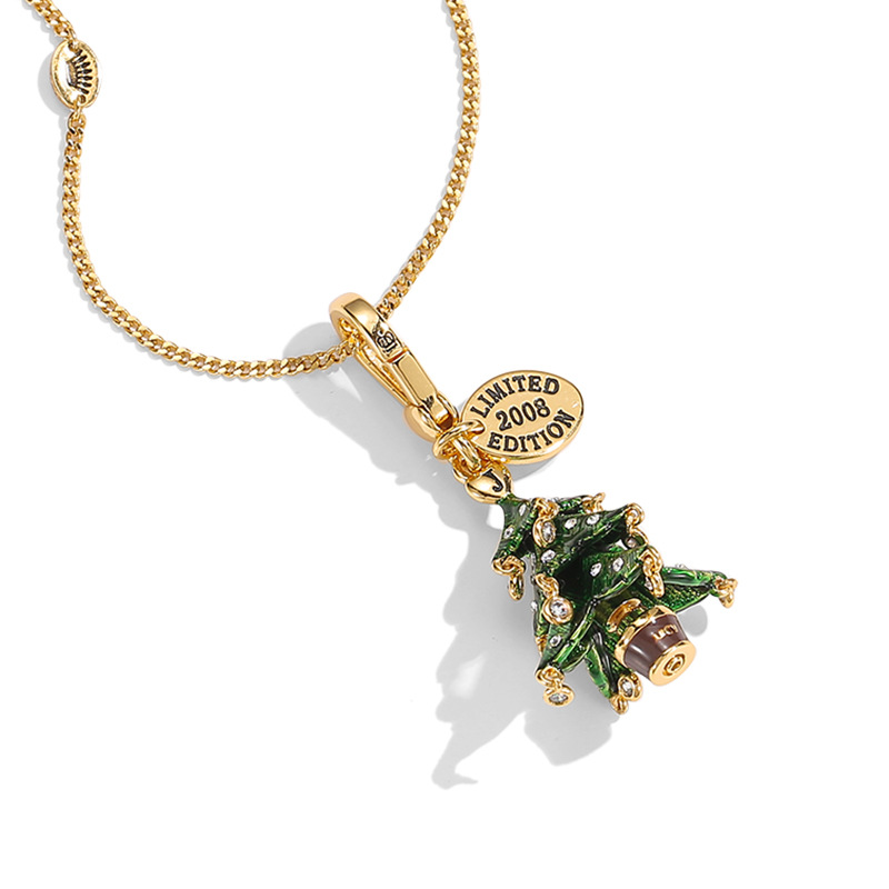 Qingdao Cross-border Trade Jewelry Enamel Glaze Diamond-set Green Christmas Tree Bell Pendant Christmas Ornament Necklace