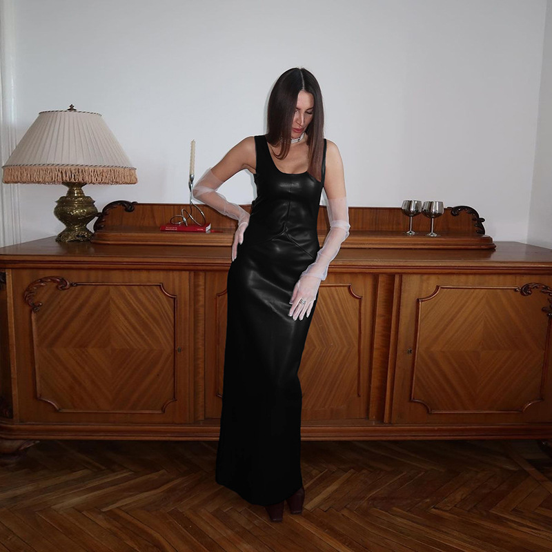Cross-border European and American style 2024 autumn new sexy U-neck slim-fit suspender PU solid color slit long dress for women - Image 4