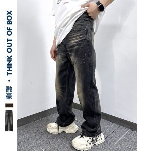 American style ink-splashed design, distressed retro straight jeans, street fashion, loose washed casual trousers for men