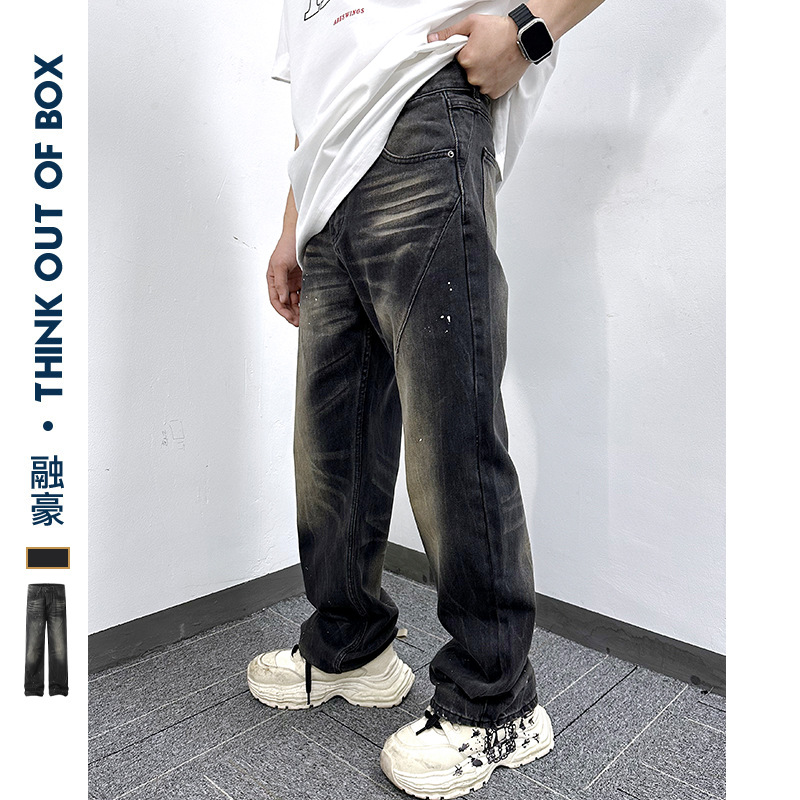 American style ink-splashed design, distressed retro straight jeans, street fashion, loose washed casual trousers for men