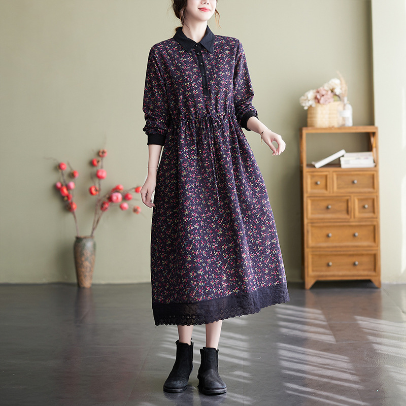 Retro-style floral print dress, 2025 autumn style, cotton and linen base layer, long skirt, loose long sleeves, shirt collar. - Image 4